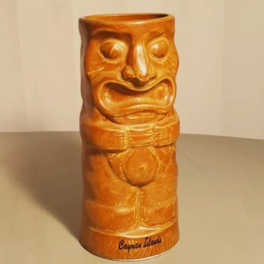 VTG Chiki Tiki Mug Golden Brown Sculptural Drinkware Cayman Islands 6.25" EUC